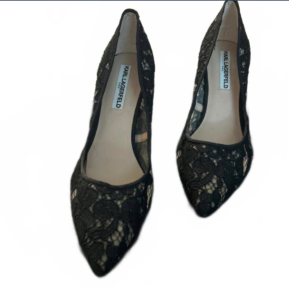 Karl Lagerfeld Royale Black Lace Pointed Toe Heels Size 9.5 Party Pointed Fabric
